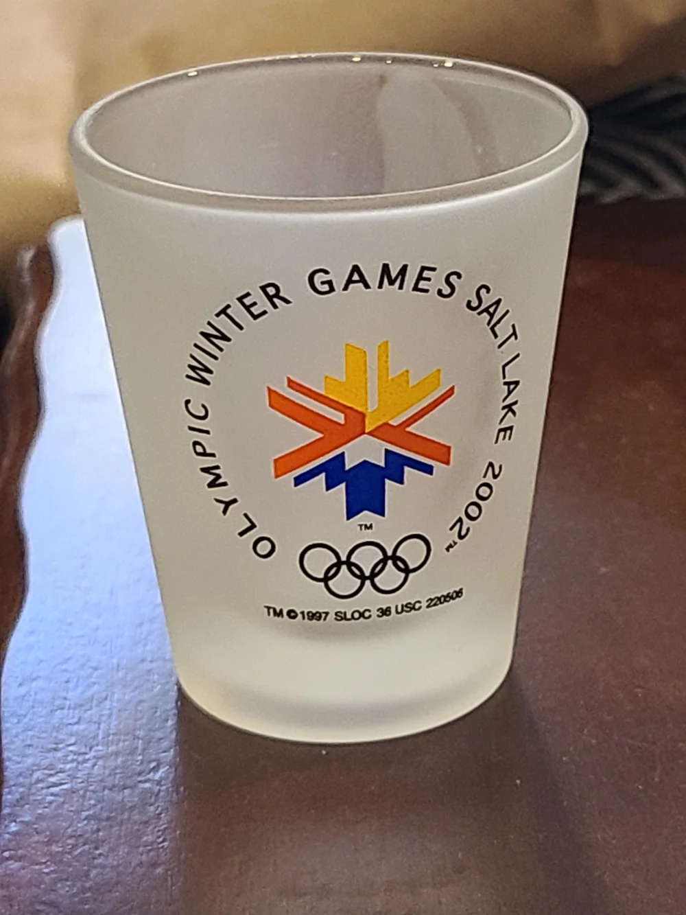Vintage Frosted Shot Glass with Multi-Color Olympic Logo